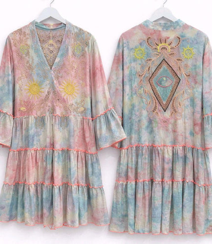Charlise ~ Boho Pretty Pastel Tiered Smock Dress With Embroidery