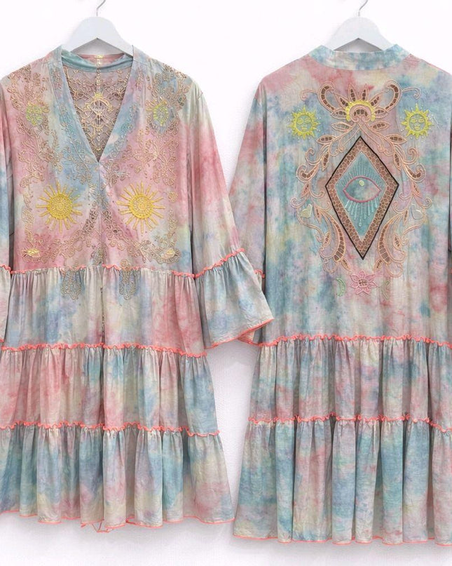 Charlise ~ Boho Pretty Pastel Tiered Smock Dress With Embroidery
