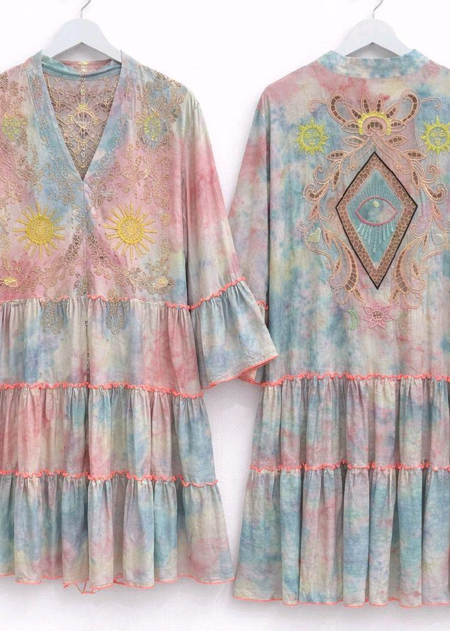 Charlise ~ Boho Pretty Pastel Tiered Smock Dress With Embroidery