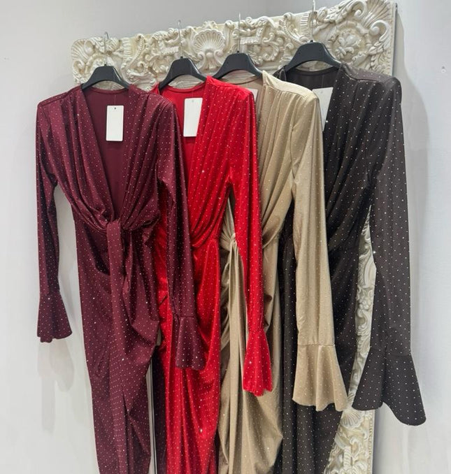 Angel ~ Diamante Sparkle Long Sleeve Knot Detail Midi Dress