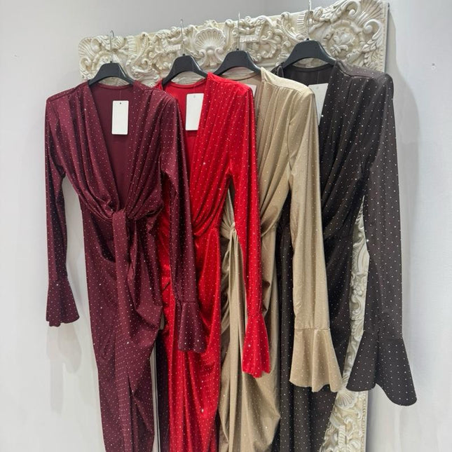 Angel ~ Diamante Sparkle Long Sleeve Knot Detail Midi Dress