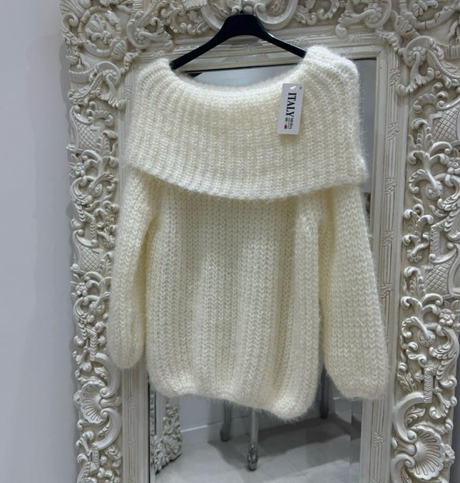 Connie ~ Luxury Knit Bardot Jumper ~ Ivory White