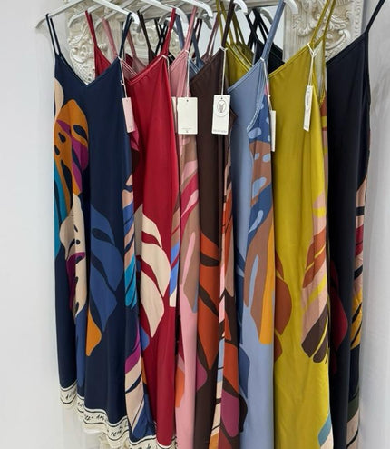 Palm Leaf ~ Strappy Silky Maxi Dress