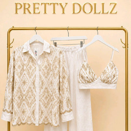 White With Gold Embroidery Bralet, Shirt & Wide Leg Trousers Co-Ord Set