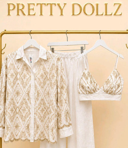 White With Gold Embroidery Bralet, Shirt & Wide Leg Trousers Co-Ord Set