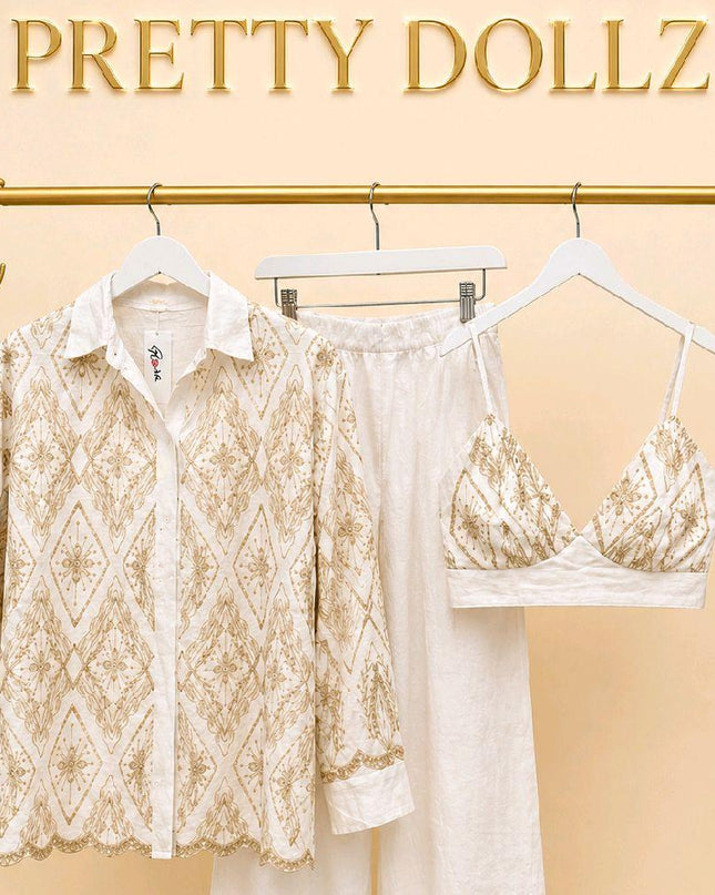 Sophia ~ White With Gold Embroidery Bralet, Shirt and Wide Leg Trousers Co-Ord Set