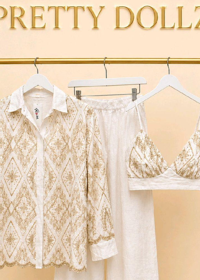 Sophia ~ White With Gold Embroidery Bralet, Shirt and Wide Leg Trousers Co-Ord Set