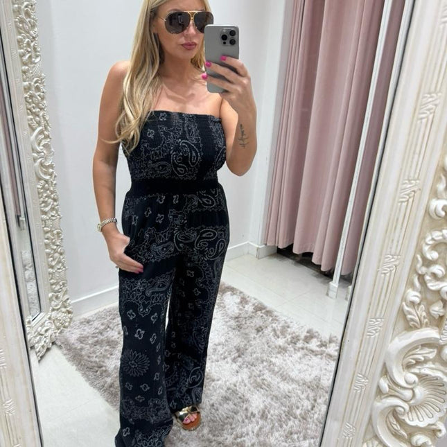 Millie Bandana Print Cheesecloth Bandeau Jumpsuit ~ Black