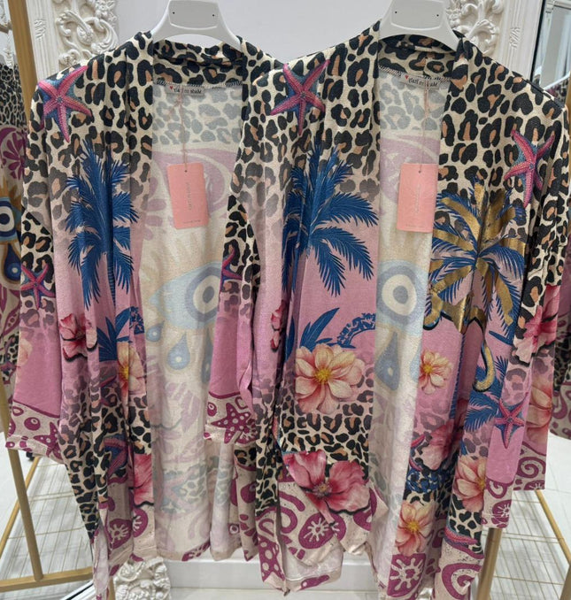 Pink Palm ~ Shimmer Longer Line Light Weight Jacket ~ Open Front