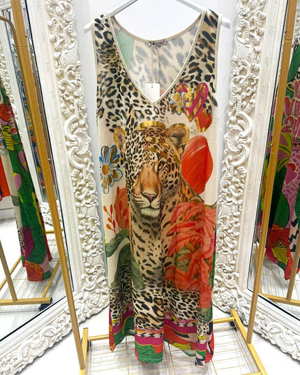 Amara ~ Sleeveless Shimmer Vibrant Print Maxi Dress/Cover Up