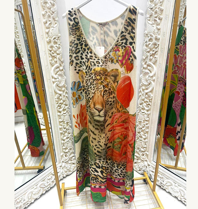 Amara ~ Sleeveless Shimmer Vibrant Print Maxi Dress/Cover Up