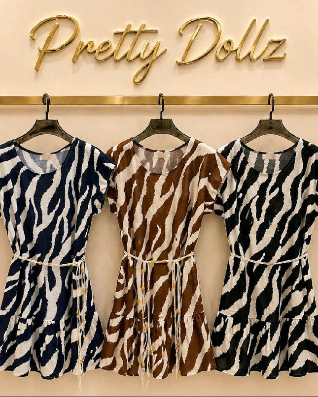 Rhea ~ Zebra Print Silky Dress With Crochet Belt
