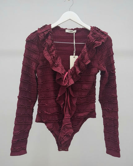Leanna ~ Lace Frill Bodysuit ~ Burgundy
