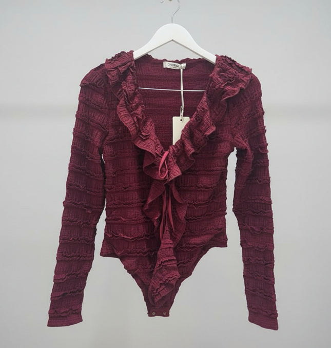 Leanna ~ Lace Frill Bodysuit ~ Burgundy