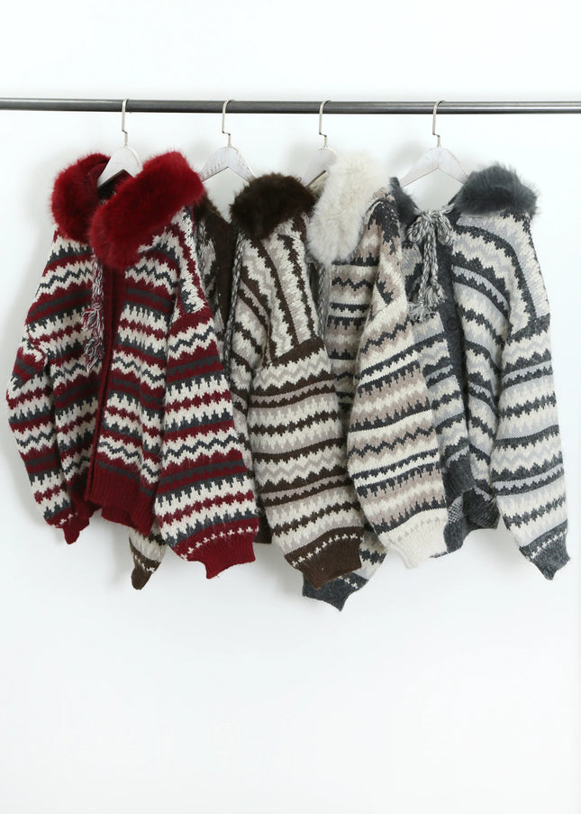Burgundy Nordic Print Chunky Knit Cardigan