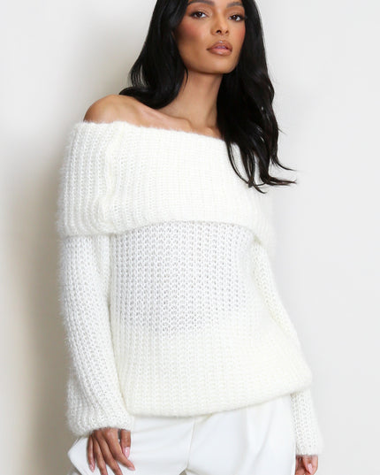 Connie ~ Luxury Knit Bardot Jumper ~ Ivory White