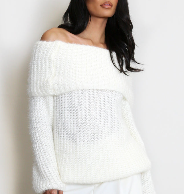 Connie ~ Luxury Knit Bardot Jumper ~ Ivory White