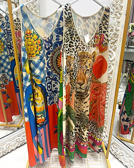 Amara ~ Sleeveless Shimmer Vibrant Print Maxi Dress/Cover Up