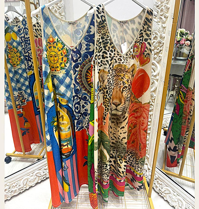 Amara ~ Sleeveless Shimmer Vibrant Print Maxi Dress/Cover Up