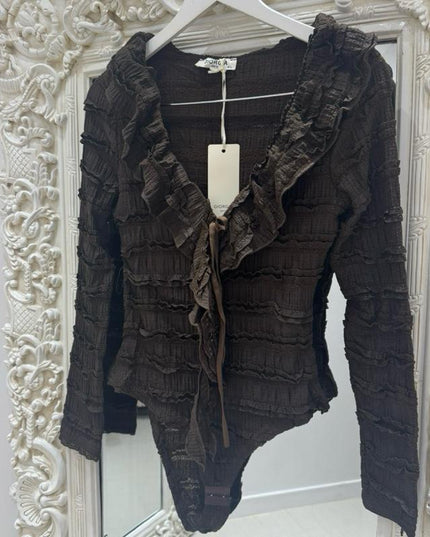 Leanna ~ Lace Frill Bodysuit ~ Dark Brown