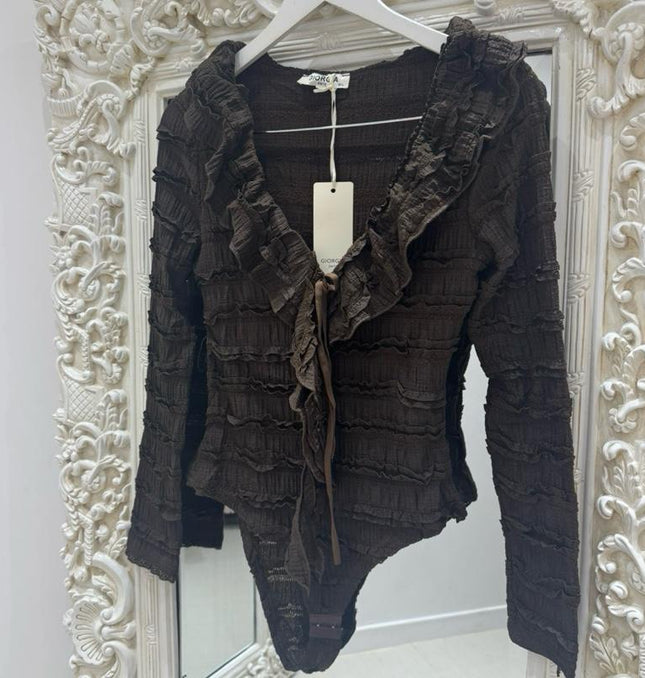 Leanna ~ Lace Frill Bodysuit ~ Dark Brown