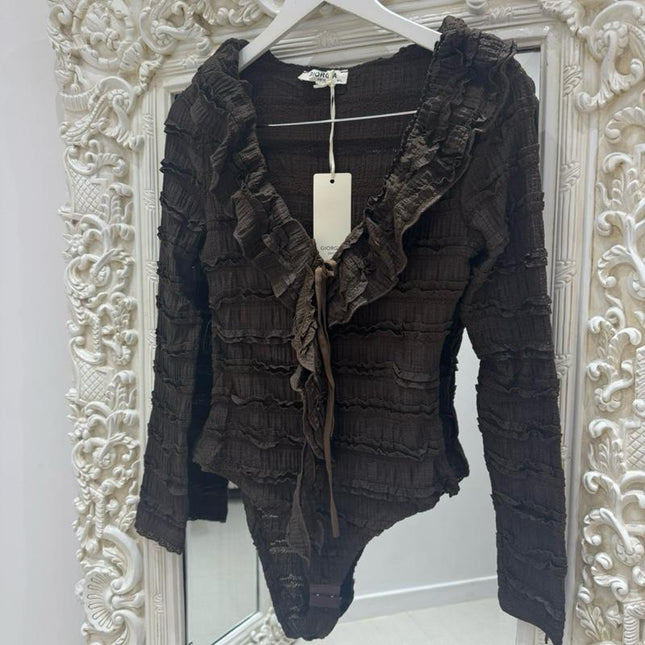 Leanna ~ Lace Frill Bodysuit ~ Dark Brown