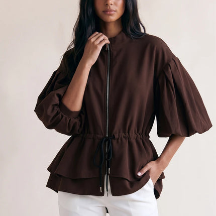 Dark Brown Balloon Sleeve Peplum Jacket