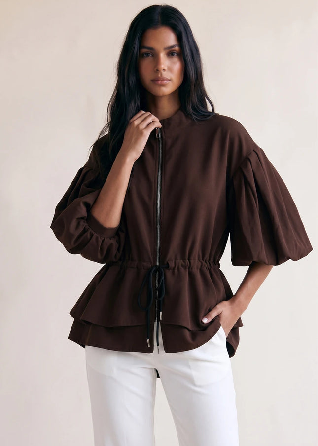 Dark Brown Balloon Sleeve Peplum Jacket