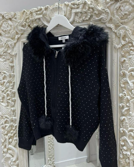 Icy ~ Faux Fur Diamante Cardigan Jacket With Hood