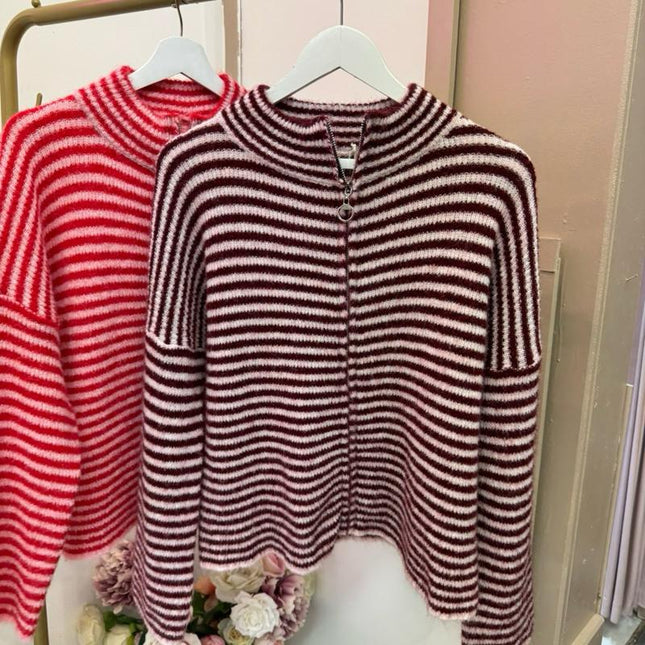 Amy ~ Stripe Full Zip Soft Knit Jumper
