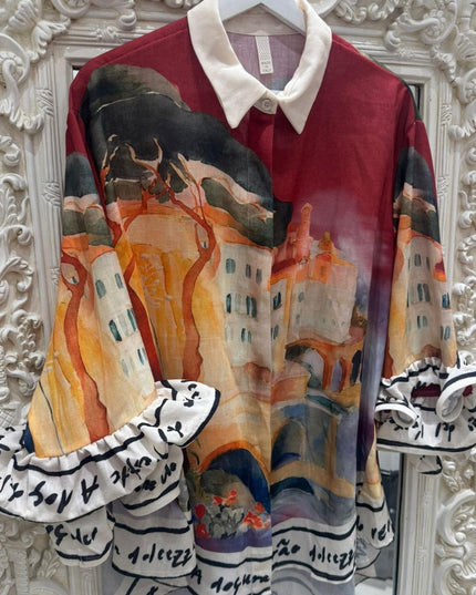 Aurora ~ Vivid Print Shirt With Frilled Arms & Hemline ~ Wine