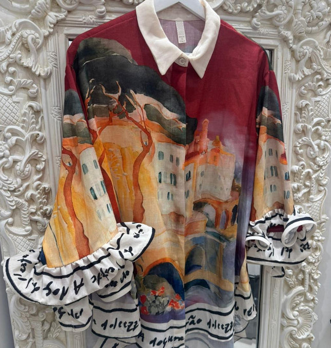 Aurora ~ Vivid Print Shirt With Frilled Arms & Hemline ~ Wine