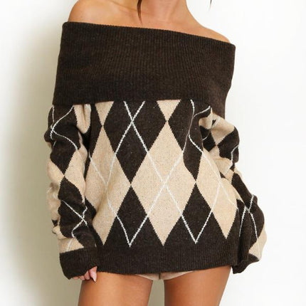 Lena ~ Bardot Argyle Long Sleeve Jumper