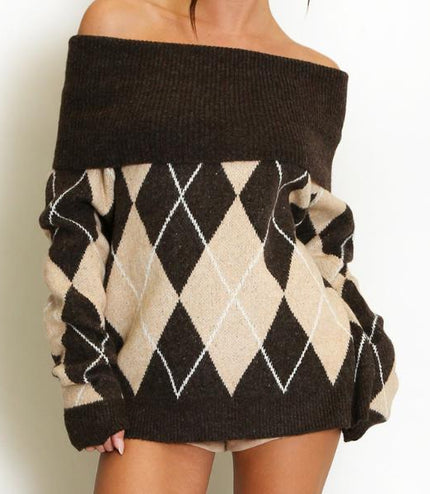 Lena ~ Bardot Argyle Long Sleeve Jumper