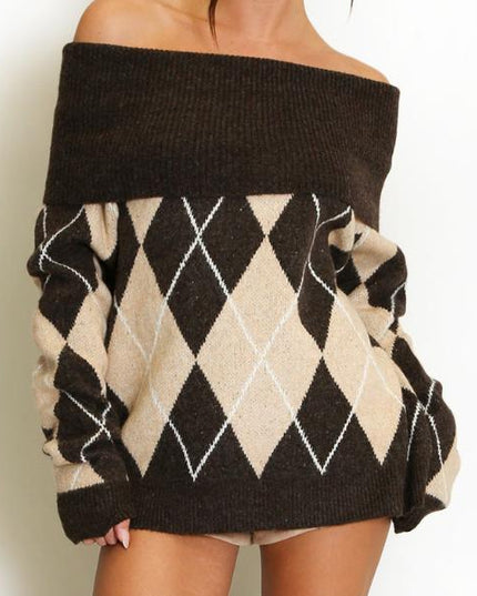 Lena ~ Bardot Off Shoulder Argyle Long Sleeve Jumper