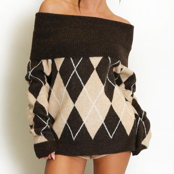Lena ~ Bardot Off Shoulder Argyle Long Sleeve Jumper