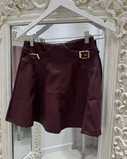 Charlotte ~  Faux Leather Skirt With Gold Buckle Detail