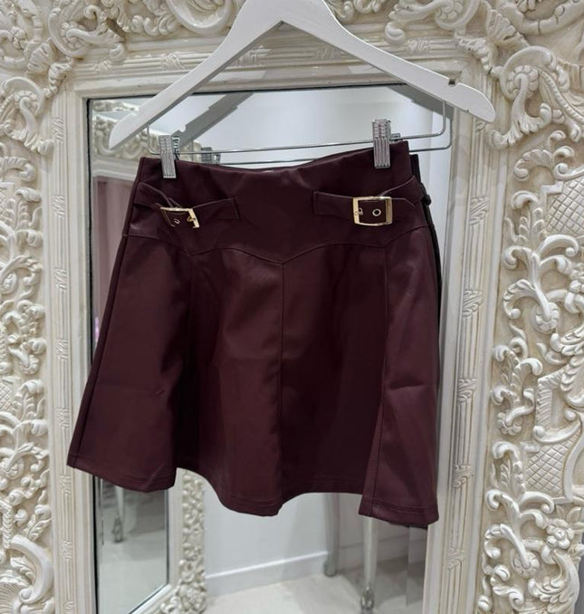 Charlotte ~  Faux Leather Skirt With Gold Buckle Detail