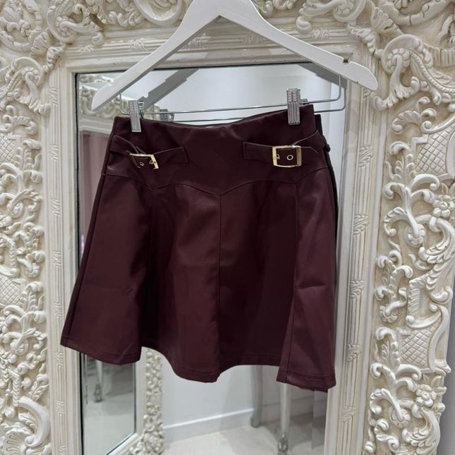 Charlotte ~  Faux Leather Skirt With Gold Buckles