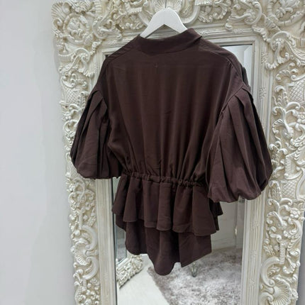 Dark Brown Balloon Sleeve Peplum Jacket
