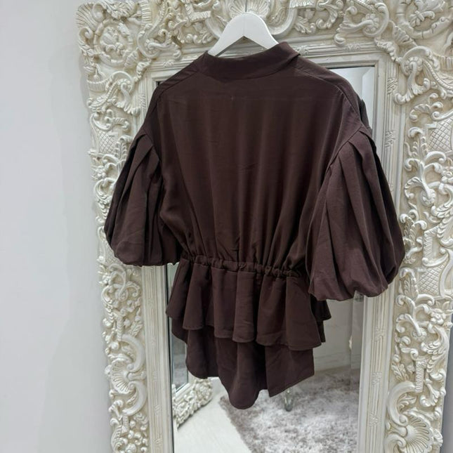 Dark Brown Balloon Sleeve Peplum Jacket