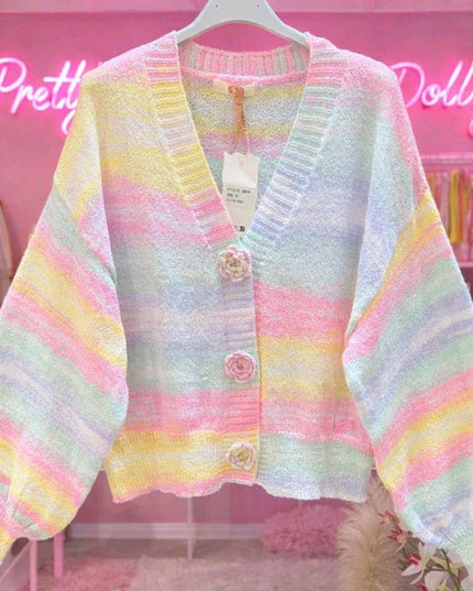 Tasha ~ Pastel Ombre Balloon Sleeve Cardigan With Crochet Knit Buttons