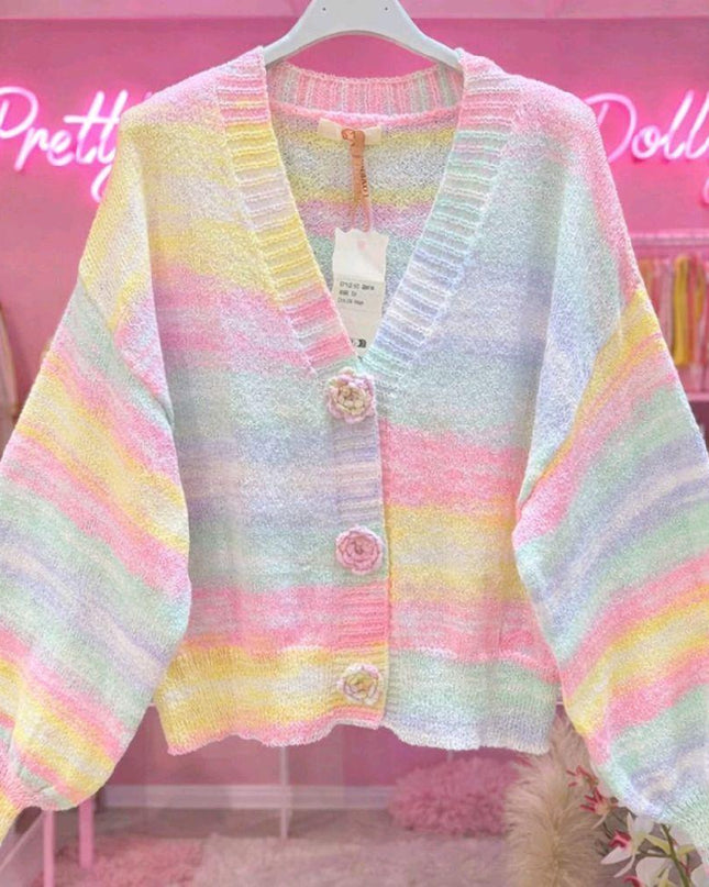 Tasha ~ Pastel Ombre Balloon Sleeve Cardigan With Crochet Knit Buttons