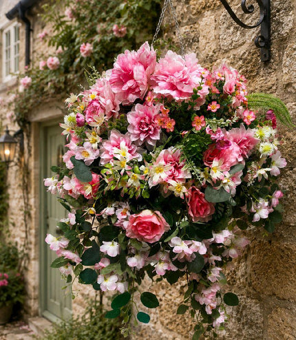 Romantic Pink Deluxe Extra Large Rattan Hanging Basket ~ Artificial