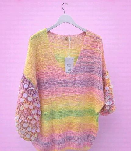 Sabrina ~ V Neck Ombre Jumper With Open Knit Embellished Sleeves
