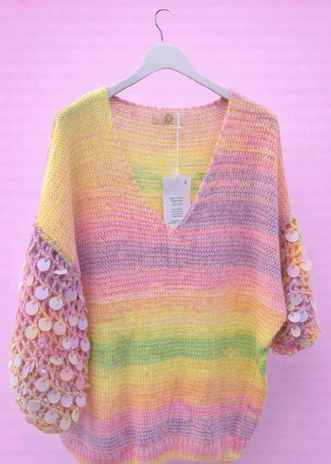 Sabrina ~ V Neck Ombre Jumper With Open Knit Embellished Sleeves