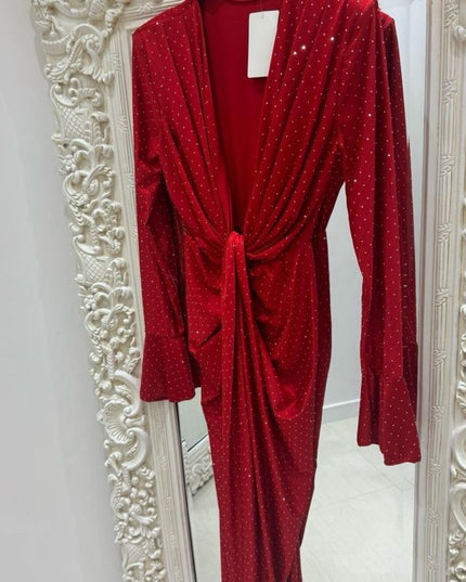 Angel ~ Diamante Sparkle Long Sleeve Knot Detail Midi Dress