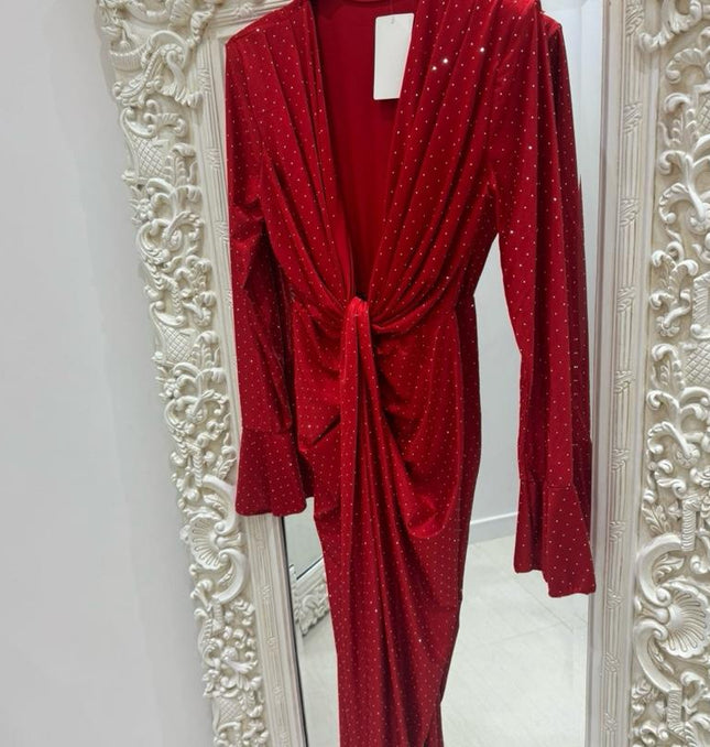 Angel ~ Diamante Sparkle Long Sleeve Knot Detail Midi Dress