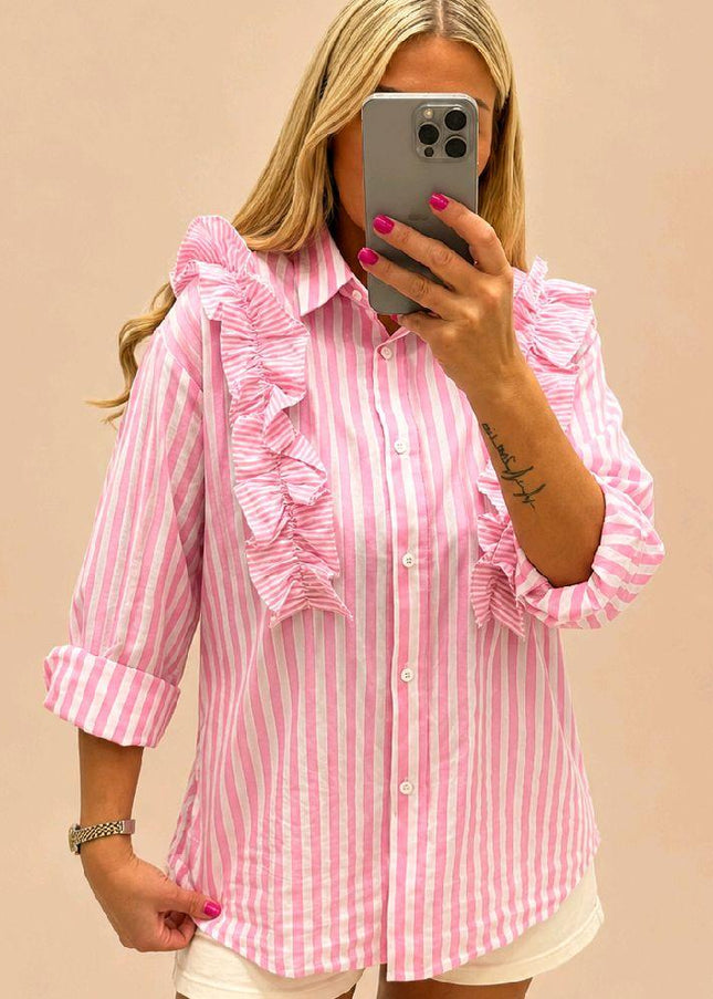 Blue Or Pink White Striped Shirt With Ruffle Trim