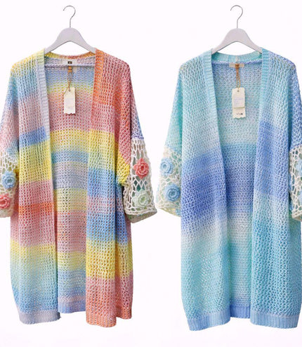 Carla  Pink  Ombre Open Knitted Cardigan With Crochet Flowers on Sleeves